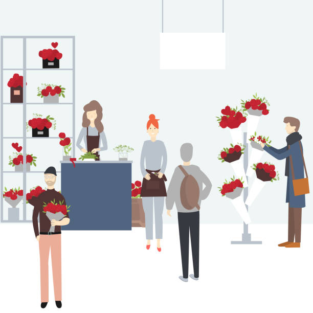 男性は花屋でバレンタインデーの花を買います。 - valentine card illustrations点のイラスト素材／クリップアート素材／マンガ素材／アイコン素材