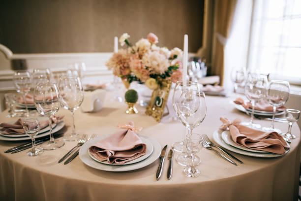 istock elegant table setting for a wedding banquet, pastel beige decorations 1202696961