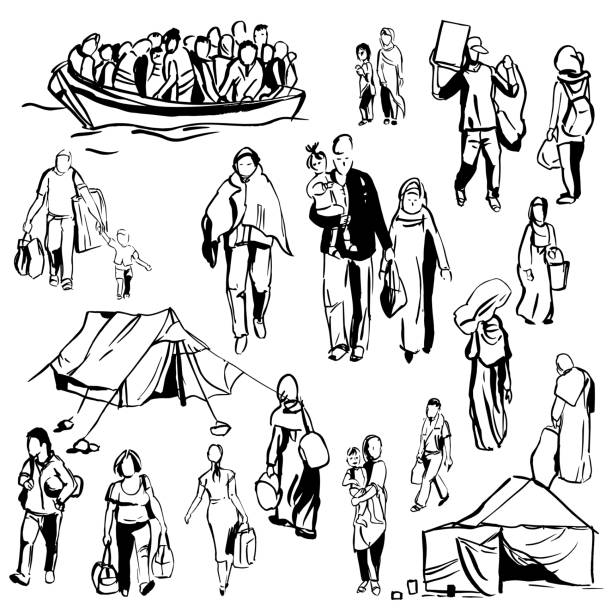 피난민. 벡터 그림입니다. - displaced persons camp illustrations stock illustrations