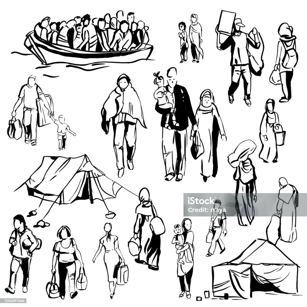 Refugees. Vector   illustration. Hand drawn refugees. Vector sketch  illustration. People stock vector