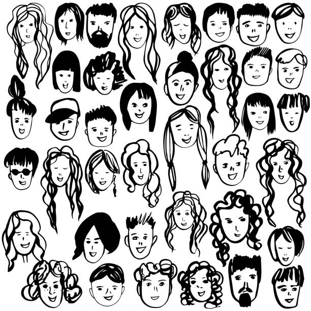 ilustraciones, imágenes clip art, dibujos animados e iconos de stock de las caras de la gente. ilustración de boceto vectorial. - child art people contemporary