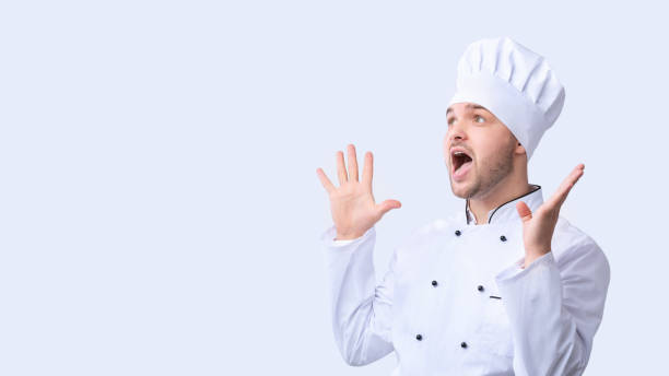 istock Excited Chef In Uniform Shouting Standing On White Background, Panorama 1202698160