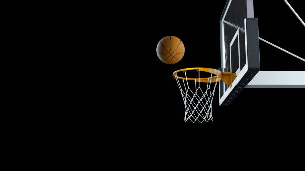 istock 3d render Basketball hit the basket on a black background 1202698478