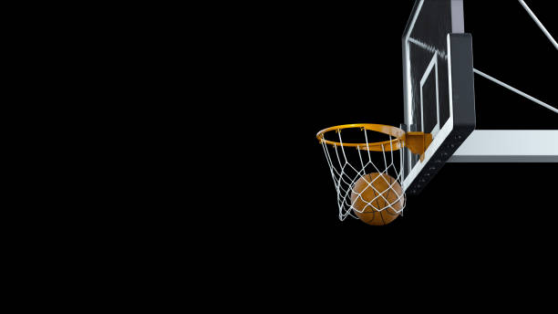 istock 3d render Basketball hit the basket on a black background 1202698497