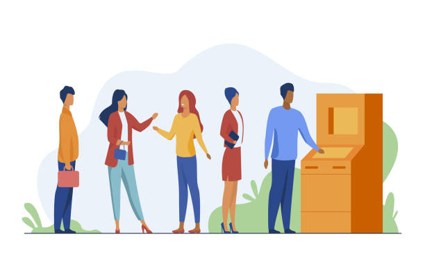 People waiting in queue for bank machine People waiting in queue for bank machine vector illustration. Customers standing in line for payment. Withdrawing money in bank exchange teller stock illustrations