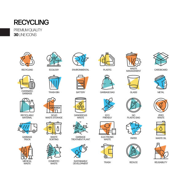 簡單的回收相關聚光燈向量線圖示集。大綱符號集合 - 可持續性 生活 幅插畫檔、美工圖案、卡通及圖標
