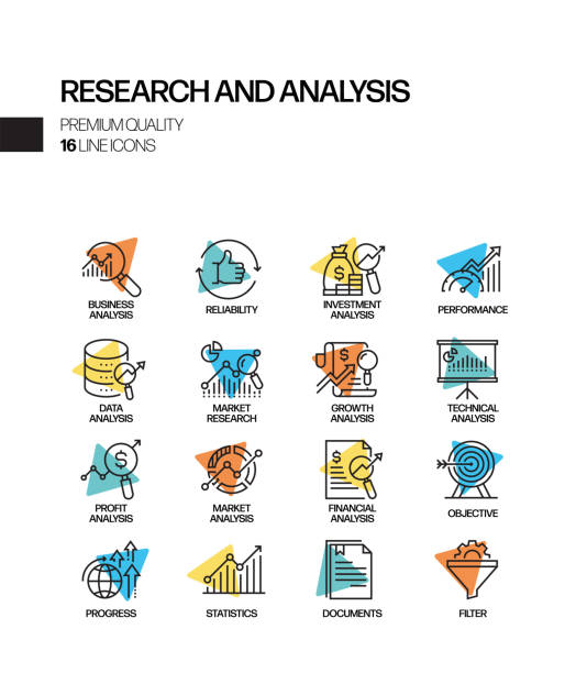 простой набор исследований и анализа связанные spotlight вектор линии иконки. очертить символ коллекции. - spreadsheet improvement analyst graph stock illustrations