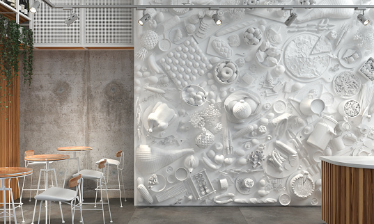 The interior of the restaurant hall or cafe with white monochrome composition of relief figures of foods and drinks. Modern creative unexpected interior design in loft style. 3D rendering