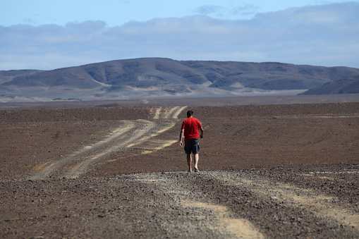 There is a dirt road in the foreground leading to the distance. The man is walking along the dirt road, he is wearing a red t-shirt. The sky is blue and the rocks are red. It is in the Namib desert. The photo is wide angle.

Messum Crater is in the Erongo region (formerly Damaraland) of Namibia. It is close to Brandberg Mountain. The crater was formed between 132 and 135 million years ago by a  volcano. It is 18 km to 25 km across and is situated in the Door National Park, Namibia

 The photo was taken in February 2019.
