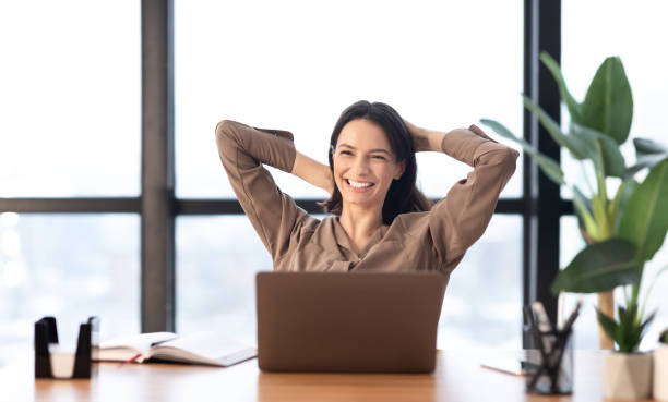 istock Happy girl stretching body at home copyspace 1202705985