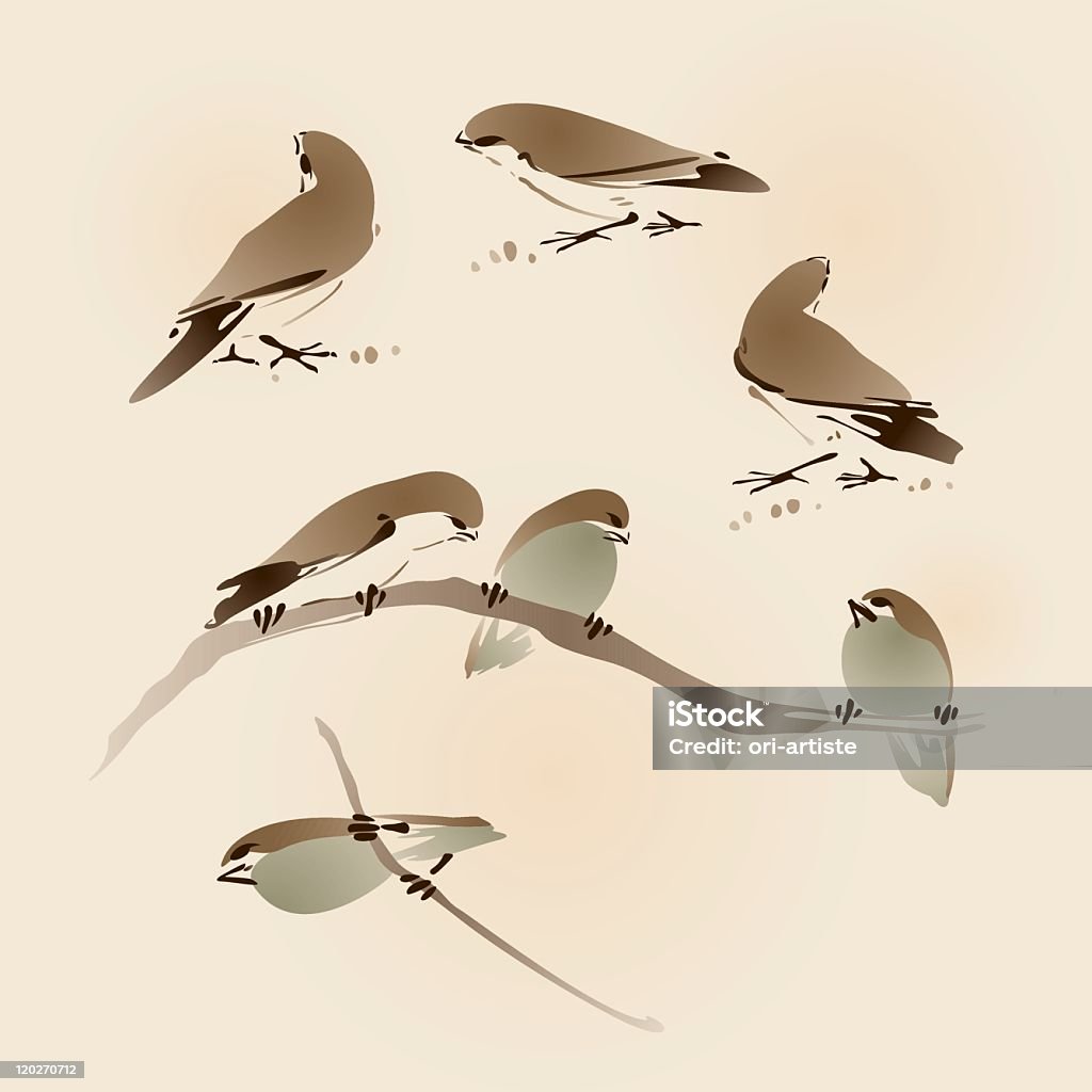 oriental stylu malarstwa, sparrows - Grafika wektorowa royalty-free (Brązowy)