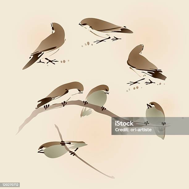 Oriental Stylu Malarstwa Sparrows - Stockowe grafiki wektorowe i więcej obrazów Brązowy - Brązowy, Dekoracja, Element projektu