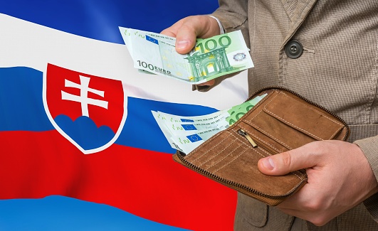 Investing money to Slovakia. Rich man with a lot of money in his hands and national flag on background.