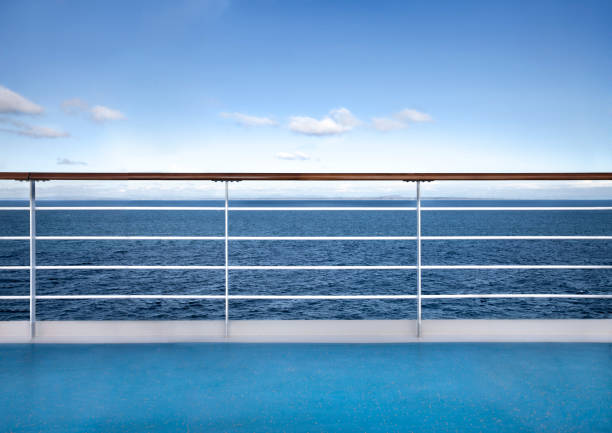 Relaxing seascape from cruise Railing deck of cruise ship against relaxing seascape. Travel concept railing photos stock pictures, royalty-free photos & images