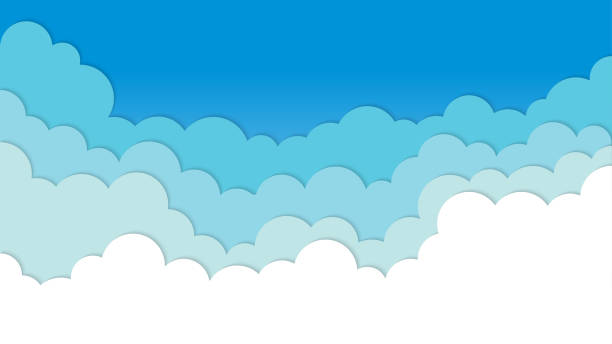 białe przezroczyste chmury papieru wyciąć warstwy i błękitne niebo letnie tło - heat haze obrazy stock illustrations
