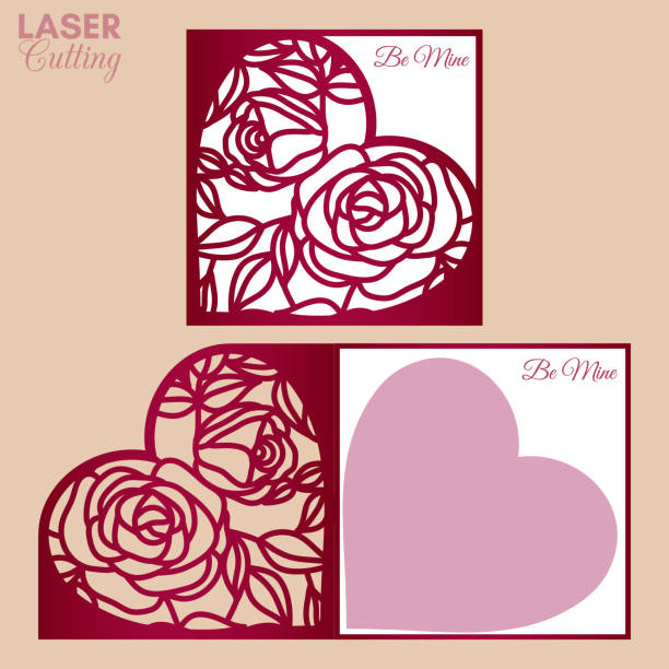 illustrazioni stock, clip art, cartoni animati e icone di tendenza di modello di biglietto pieghevole tagliato al laser con rose e foglie cuore fantasia per brochure, inviti di nozze o biglietto d'auguri di san valentino. - wedding rose lace backgrounds