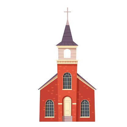 Urban retro colonial style church building cartoon vector illustration. Old religious building, Victorian christian temple with cross on spire isolated on white background