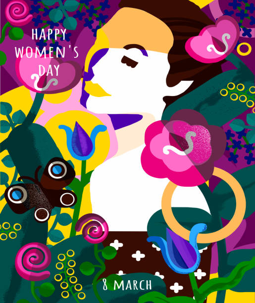 Happy Women's Day on March 8th. Abstract vector illustration of a female portrait and flowers and plants. Woman drawing for poster, card or background Happy Women's Day on March 8th. Abstract vector illustration of a female portrait and flowers and plants. Woman drawing for poster, card or background fashion spring stock illustrations