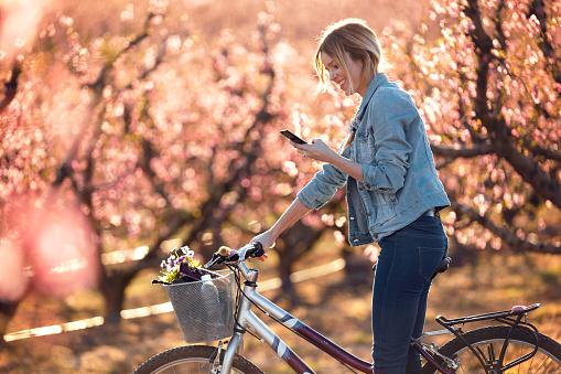 Shot of pretty young woman with a vintage bike using her mobile phone on cherry field in springtime.