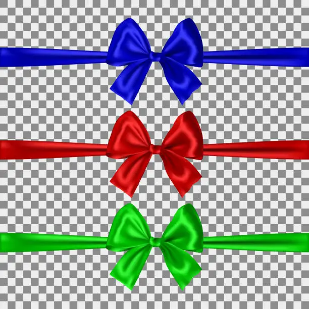 Vector illustration of Set of blue, red and green bows isolated on transparent background. Vector illustration