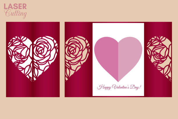 illustrazioni stock, clip art, cartoni animati e icone di tendenza di modello tagliato al laser di biglietto pieghevole con rose e foglie cuore fantasia per brochure, inviti di nozze o biglietto d'auguri di san valentino. - wedding rose lace backgrounds