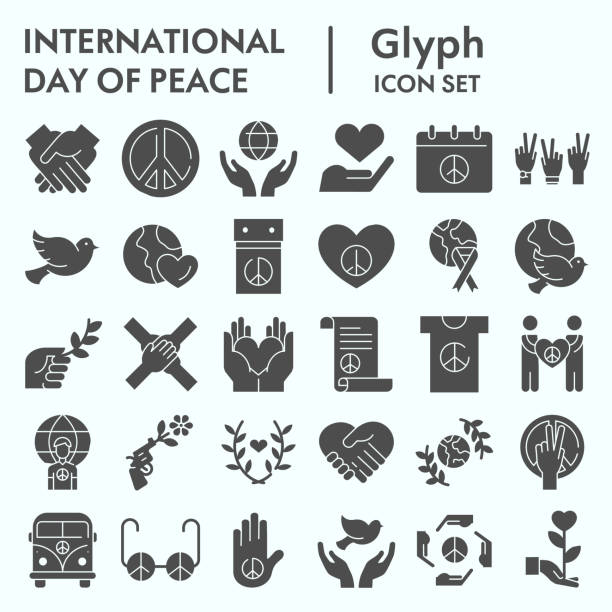 ilustrações, clipart, desenhos animados e ícones de conjunto de ícones do dia internacional da paz glifo, coleção de símbolos de conjunto de paz, esboços de vetores, ilustrações de logotipo, pacote de pictogramas sólidos de computador isolado em fundo branco, eps 10. - freedom square