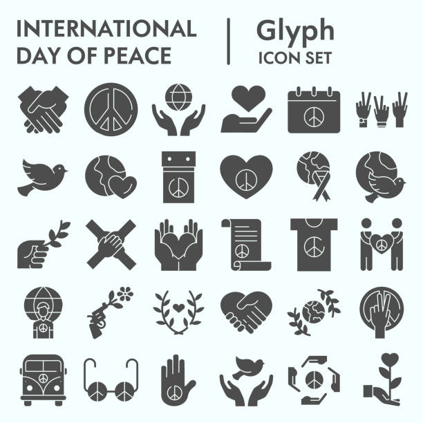 International day of peace glyph icon set, peace set symbols collection, vector sketches, logo illustrations, computer web signs solid pictograms package isolated on white background, eps 10. International day of peace glyph icon set, peace set symbols collection, vector sketches, logo illustrations, computer web signs solid pictograms package isolated on white background, eps 10 dove earth globe symbols of peace stock illustrations