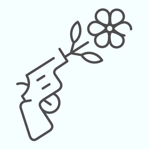 ilustraciones, imágenes clip art, dibujos animados e iconos de stock de icono de línea delgada de pistola de paz. pistola con ilustración vectorial símbolo de paz aislada en blanco. diseño de estilo de contorno de flor de disparo de pistola, diseñado para la web y la aplicación. - war globe symbols of peace weapon