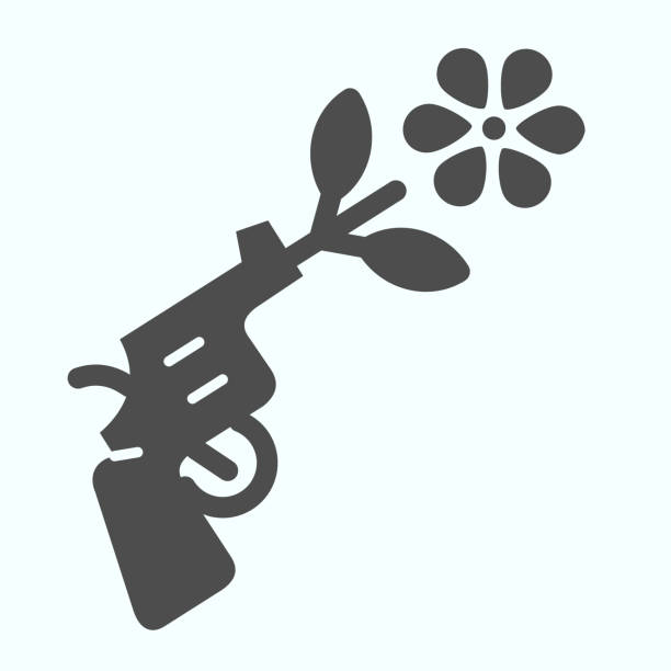 ilustraciones, imágenes clip art, dibujos animados e iconos de stock de icono sólido de pistola de paz. pistola con ilustración vectorial símbolo de paz aislada en blanco. diseño de estilo de glifo de flor de disparo de pistola, diseñado para la web y la aplicación. - war globe symbols of peace weapon