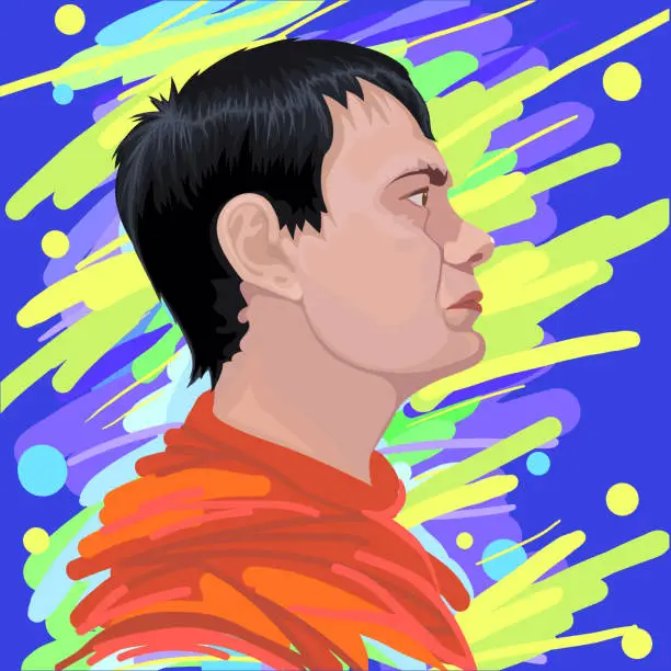 Vector illustration of Fashion evening illustration vector allegory symbol art impressionism portrait face profile of a young man with black short hair in a bright red sweater against the background of the night lights of the city