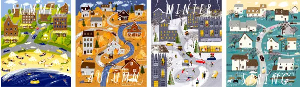 Vector illustration of Nature. Set of posters for winter, spring, summer and autumn. Cute vector illustration of four seasons. Drawings of city, house, village, people, nature, trees, park and beach