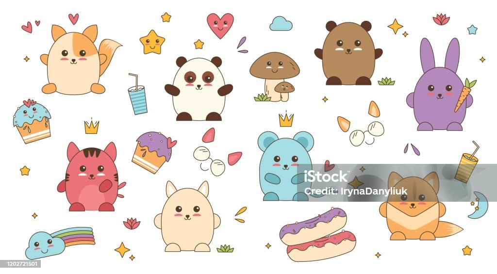 Kawaii Animals Patch Face Vector Anime Sticker With Doodle Art Stock  Illustration - Download Image Now - iStock