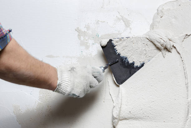pracownik budowlany z kielnią tynkowania ściany - peeling paint wall white zdjęcia i obrazy z banku zdjęć