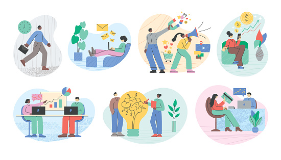 Set of various office people working on different tasks. 
Fully editable vectors for multiple purposes.