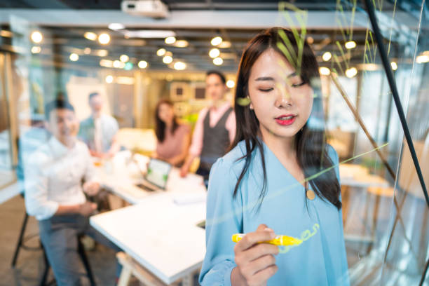 istock Sharing her business plan on transparent wipe board 1202725268