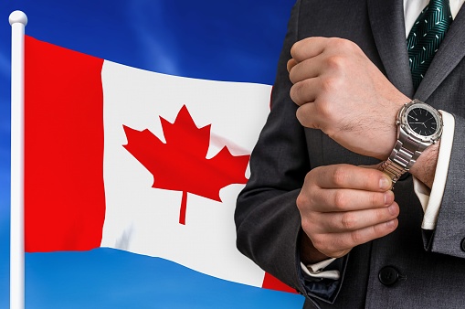 Business in Canada. Businessman on national flag background.