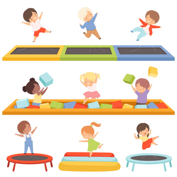 Cute Little Boys and Girls Bouncing on Trampolines and Playing in a Pool with Soft Cubes Collection, Happy Kid Trampolining and Having Fun on Playground, Active Children Leisure Vector Illustration Cute Little Boys and Girls Bouncing on Trampolines and Playing in a Pool with Soft Colorful Cubes Collection, Happy Kid Trampolining and Having Fun on Playground, Active Children Leisure Vector Illustration on White Background. tramp home stock illustrations