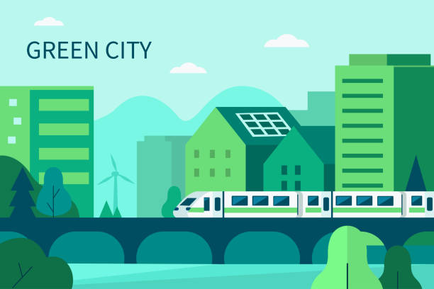 green city Modern Green City Center with Train, Buildings, Private Houses with Solar Energy Panels and Windmills. Eco Town Powered  by Renewable Energy. Ecology Concept.  Flat Cartoon Vector Illustration. sustainable resources illustrations stock illustrations