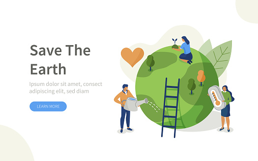 People Characters trying to Save Planet Earth.Woman and Man Planting and Watering Trees, Measuring Planet Temperature. Global Warming and Climate Change Concept. Flat Isometric Vector Illustration.