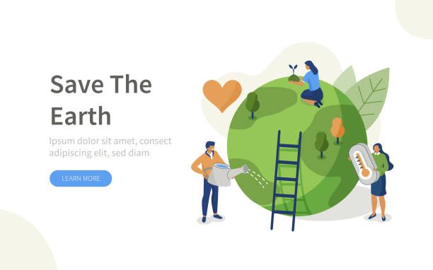 climate change People Characters trying to Save Planet Earth.Woman and Man Planting and Watering Trees, Measuring Planet Temperature. Global Warming and Climate Change Concept. Flat Isometric Vector Illustration. climate change stock illustrations