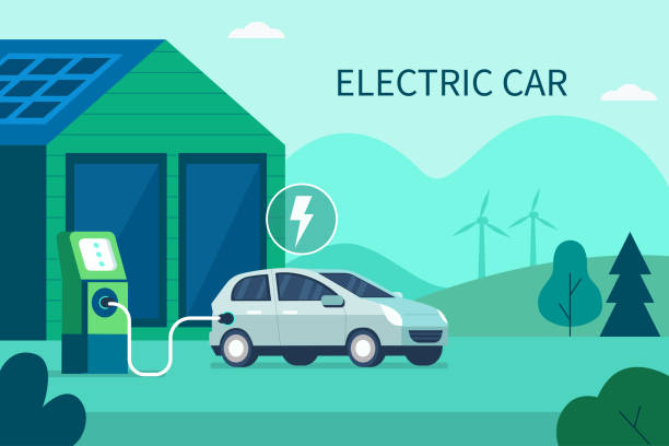 ilustraciones, imágenes clip art, dibujos animados e iconos de stock de coche eléctrico - charging battery electricity power line