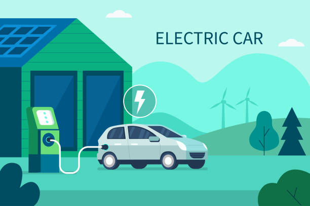 electric car Charging Electric Car Battery at Electric Recharge Station. Modern Hybrid Auto. New Alternative Energy Vehicle. Futuristic Transport, Green Energy, Eco City Concept. Flat Cartoon Vector Illustration. hybrid car stock illustrations