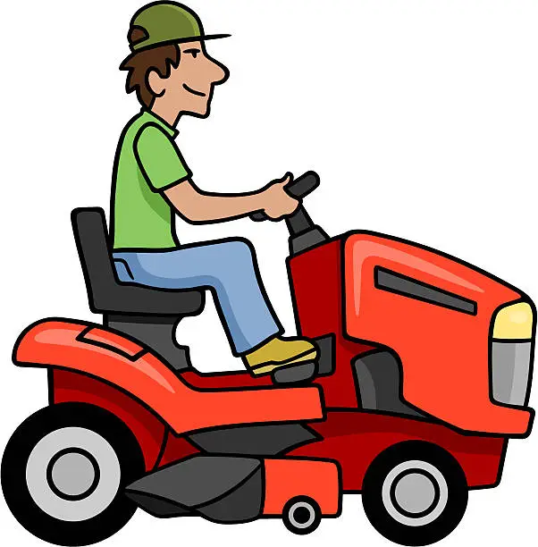 Vector illustration of Cartoon of man on riding lawnmower