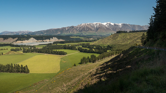 Rakaia river and the Southern Alps in the distance, southern Island,New Zealand. Near Mount Hutt and Rakaia Gorge