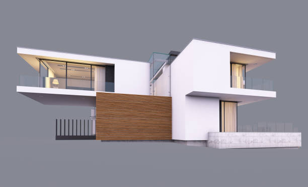 istock 3d rendering of modern house by the river at evening isolated on gray. 1202728759