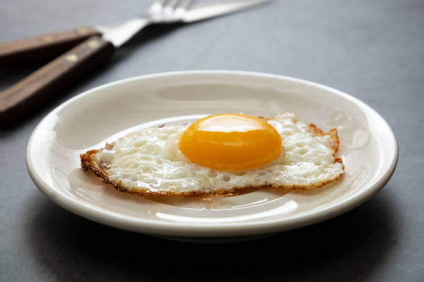 istock Fried egg close up in white plate. Breakfast food. Sunny side soft fried egg. 1202729744