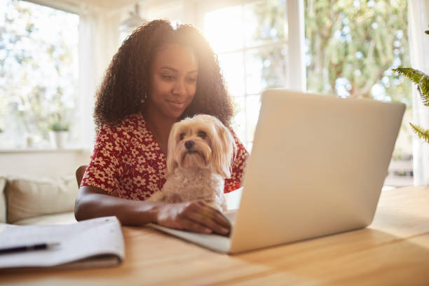 istock Young woman sitting with her dog and using a laptop 1202729956