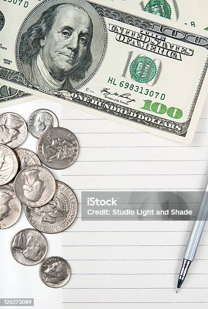Empty Lined Paper Money And Pen Stock Photo - Download Image Now - American Culture, American One Hundred Dollar Bill, Buying