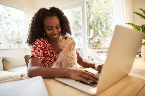 istock Smiling woman using a laptop with her dog on her lap 1202731325