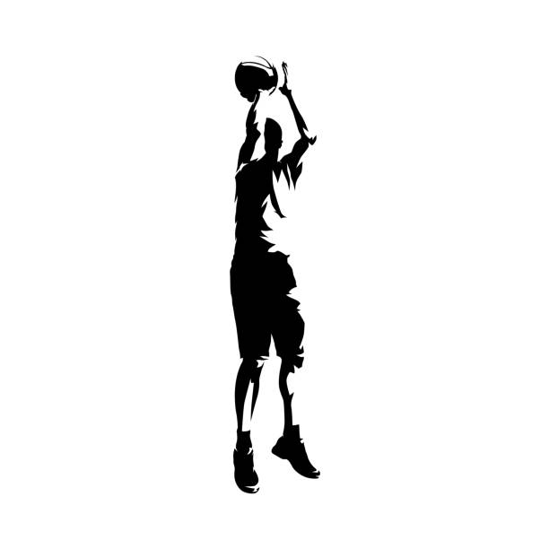 illustrazioni stock, clip art, cartoni animati e icone di tendenza di colpo di salto da basket, silhouette vettoriale isolata, disegno a inchiostro. vista frontale - jump shot